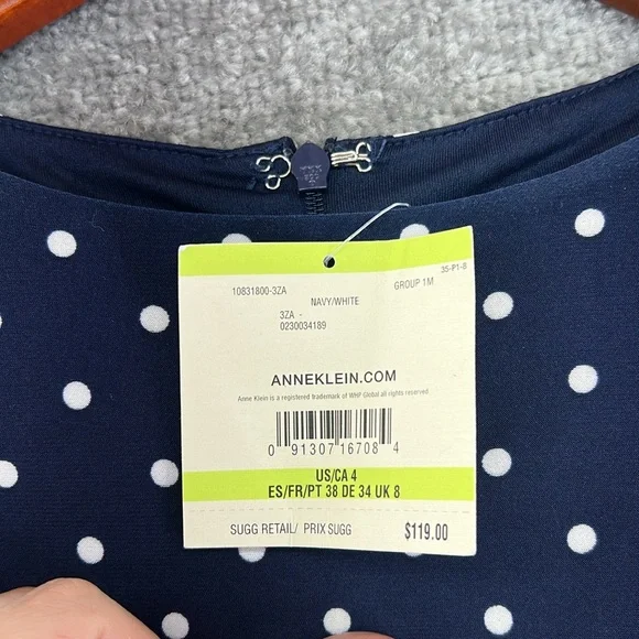 NWT Anne Klein Short Sleeve Dress Blue White Polka Dot Below Knee Midi Womens 4 - Picture 9 of 11